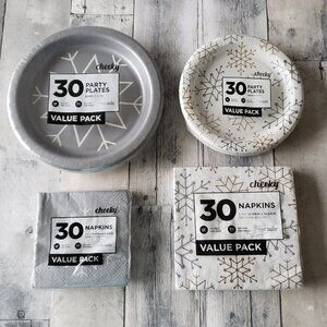 NWT - Sliver, Gold and White Snowflake Set of 60 paper Plates and Paper Napkins